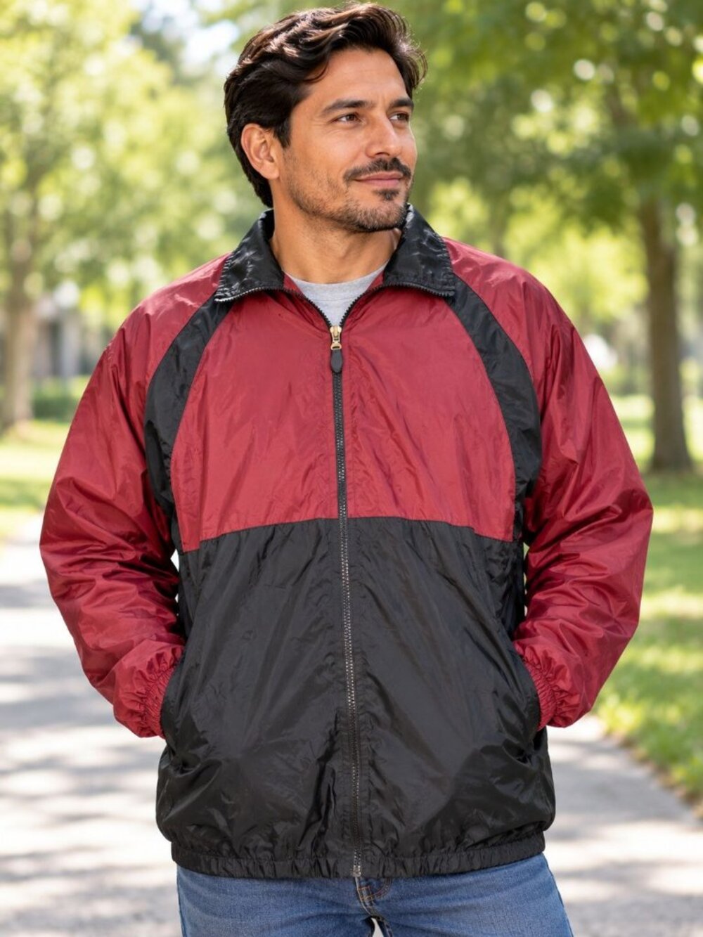 J.G. Hook Mens Burgundy Black Windbreaker Jacket Full-Zip Lightweight Size Large